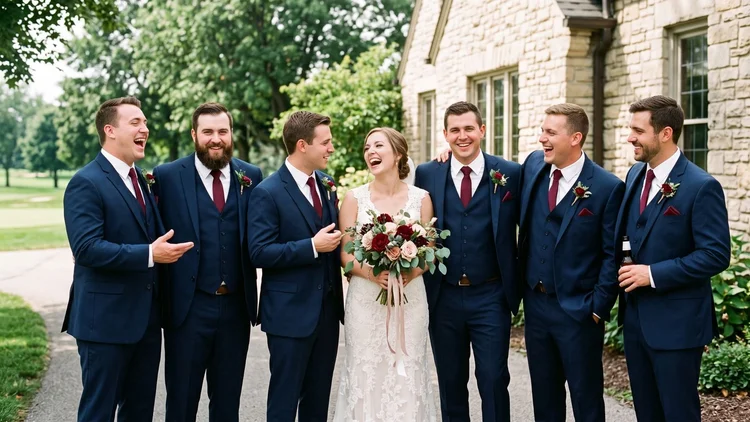 Bride with the groom and wedding party in matching navy suits