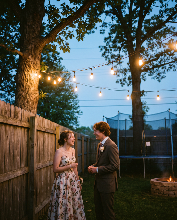 Prom couple in a backyard under string lights at dusk