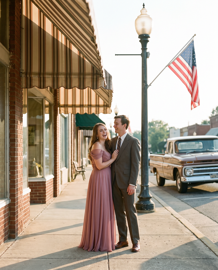 Prom couple on a small-town main street, him in a charcoal suit, her in a mauve gown