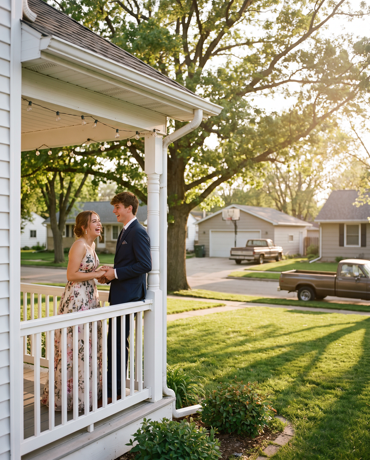 Prom couple on a white front porch on a summer evening