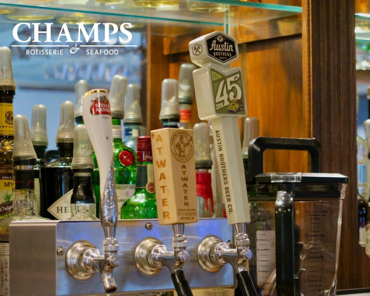 Champs features a full bar, rotating taps, and a wide selection of liquors and wines!