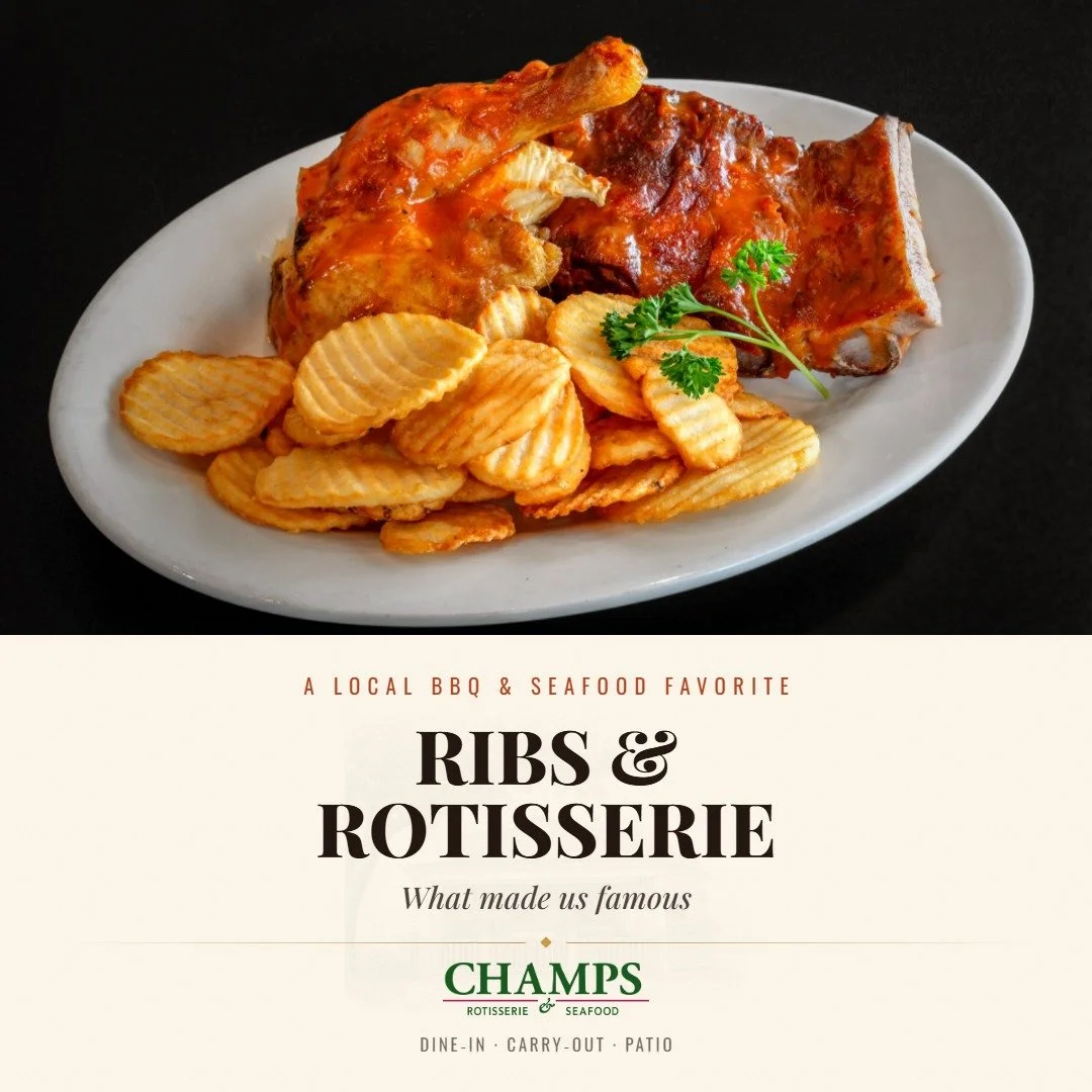 Your weekend deserves a proper plate. 🔥

Slow-roasted rotisserie chicken. Saucy signature ribs. Fresh seafood. Sides that refuse to be treated like an afterthought.

Whether you dine in and stay awhile or bring Champs home, your weekend cravings are