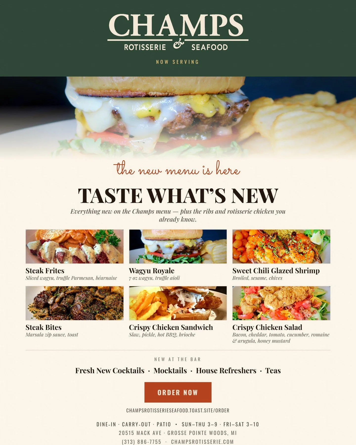 Fall just landed on the menu at Champs. 🍂🍽️

Our new weekly lineup gives you a delicious reason to visit every day:

🍔 Monday: $10 Classic Burger &amp; fries with a beverage purchase

🔥 Tuesday: Half-off ribs with a beverage purchase

🍗 Wednesda
