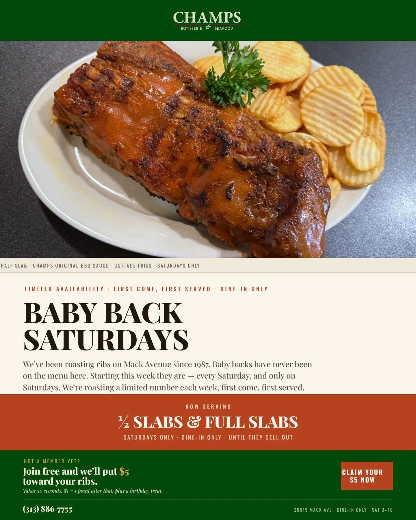 Saturday plans: arrive hungry and leave the white shirt at home. 🔥

Baby Back Ribs return today in half and full slabs, brushed with Champs Original BBQ Sauce and served with cottage fries.

They&rsquo;re available Saturdays only, dine-in only and u