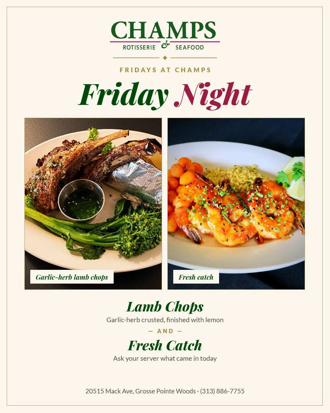 Dinner plans this weekend? 🍽️

Friday: garlic-herb lamb chops and our fresh catch Saturday: baby back ribs, half or full slab (dine-in only) 
Sunday: braised short rib and our homestyle turkey dinner

Specials are limited each night, so come in earl