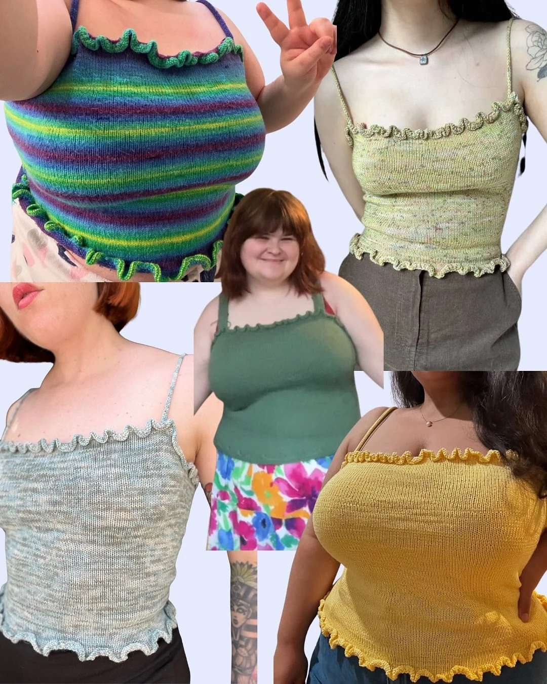 choupettes in every color of the rainbow!!! the knitting pattern for the flirty frilly choupette camisole is officially live on my website, ravelry, and etsy 🎉 worked in a strand of fingering weight yarn with US 2 needles and a gauge of 26 st &amp; 