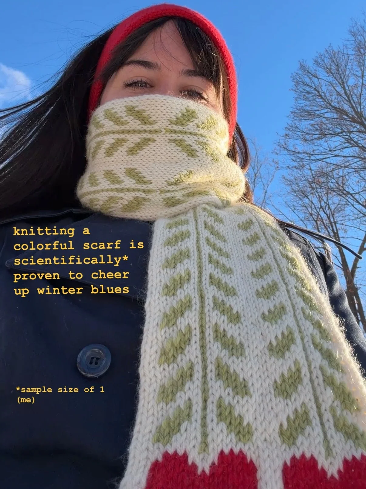 ive been prescribed One (1) Colorwork Scarf As Needed and it&rsquo;s been really effective, please let me know if you would like to peer review !

the poppy scarf and the quilt block scarf are two winter pick-me-up knitting patterns that have served 