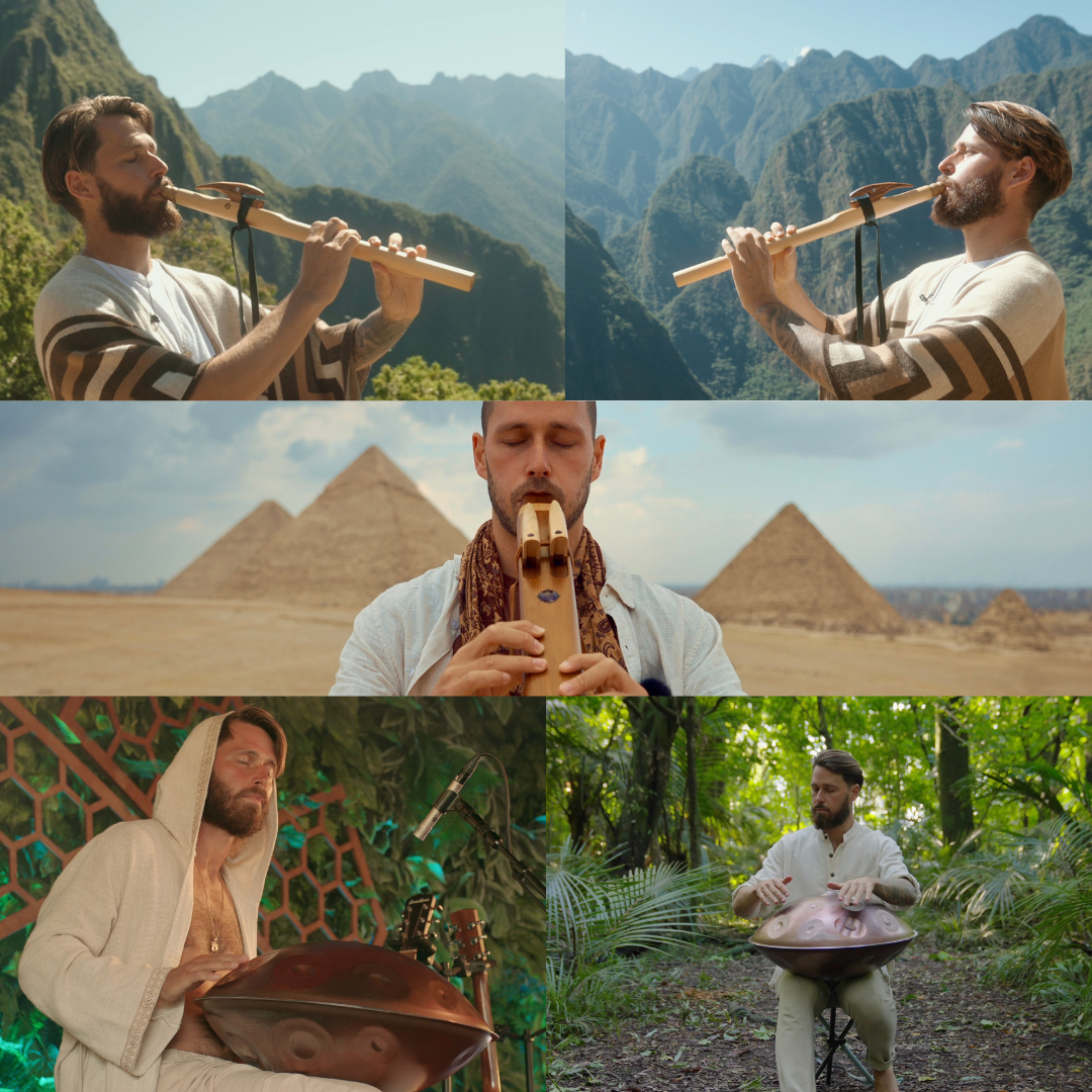 Collage of five images of men playing hang drums and flute in diverse outdoor settings with natural backgrounds.