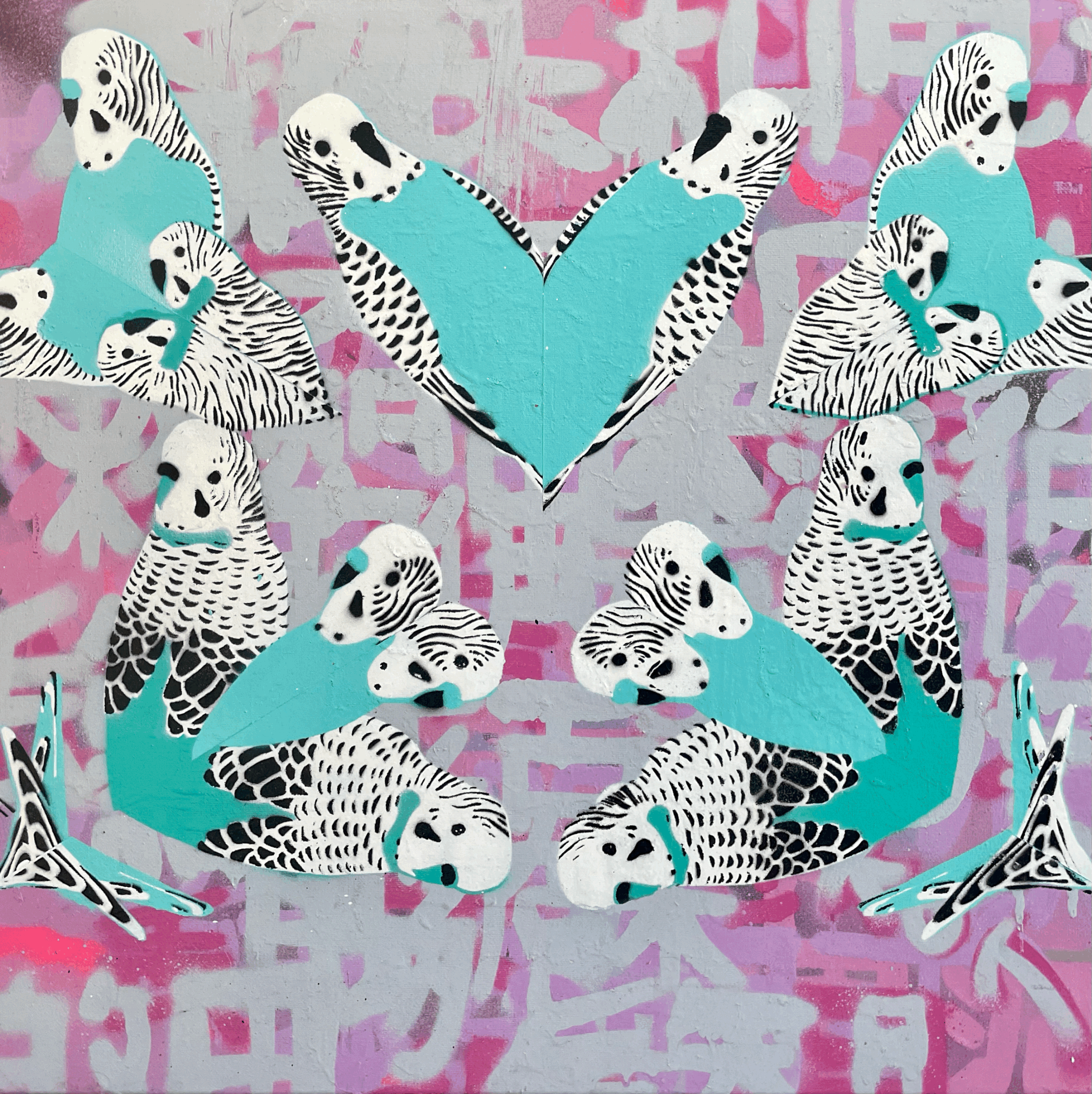 Kaleidoscope Budgies On Pink Hanzi