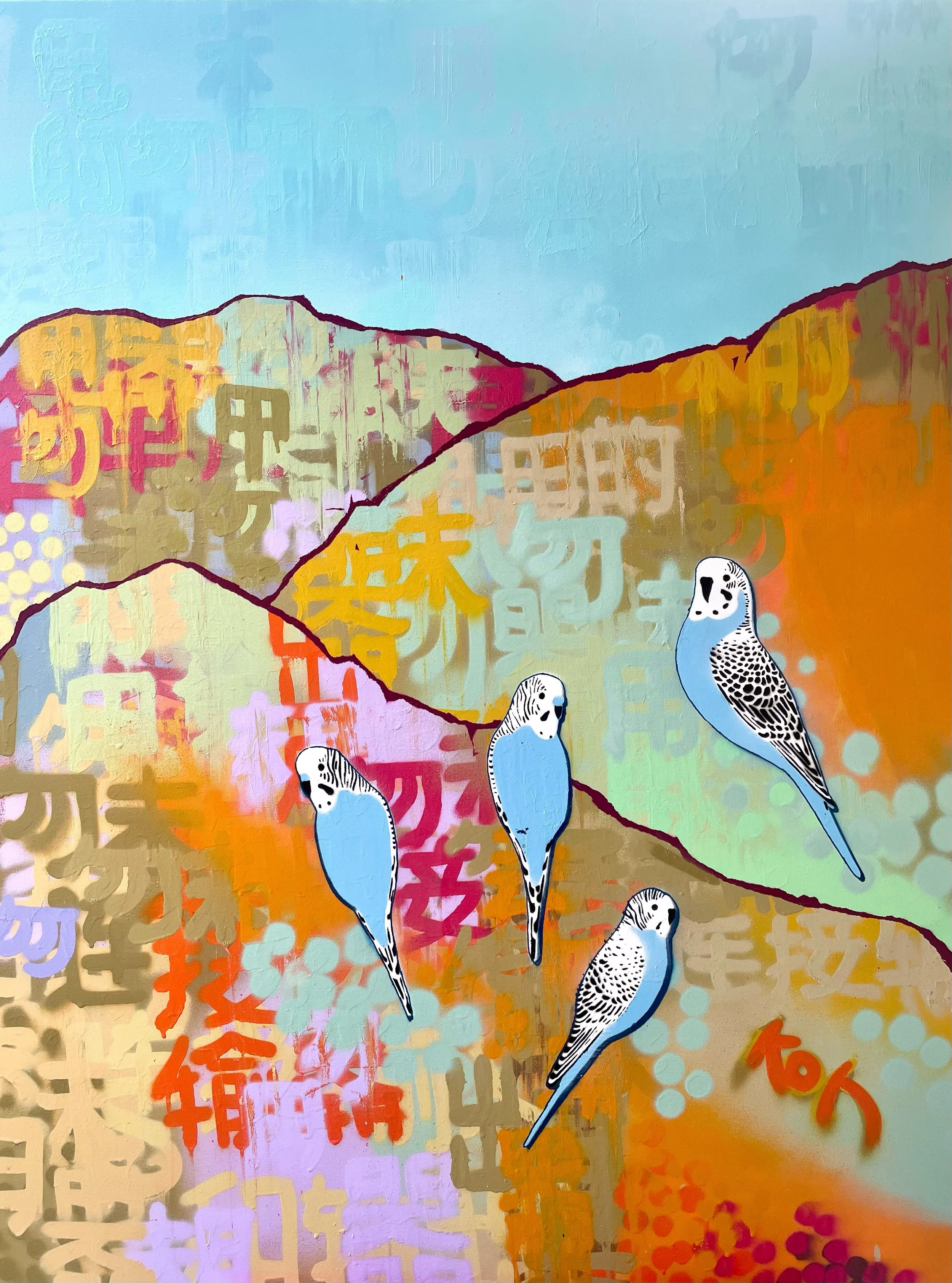Four Blue Budgies In The Bush