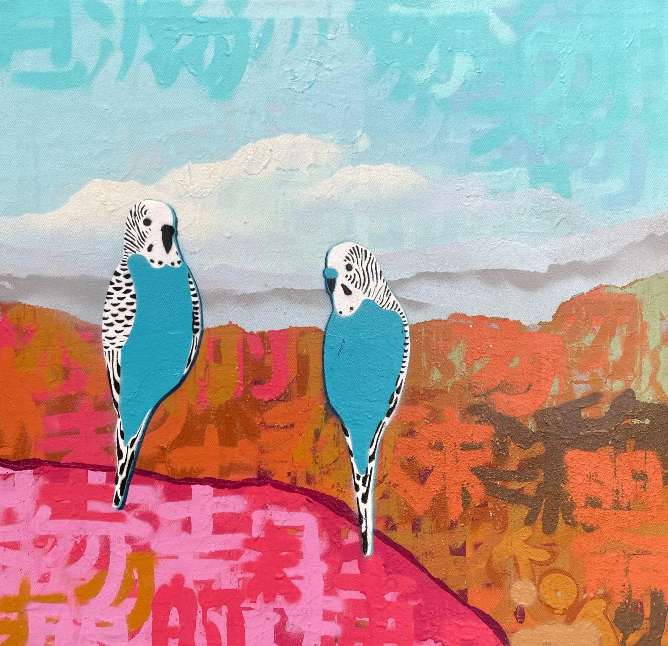 Two Blue And White Budgies In The Bush