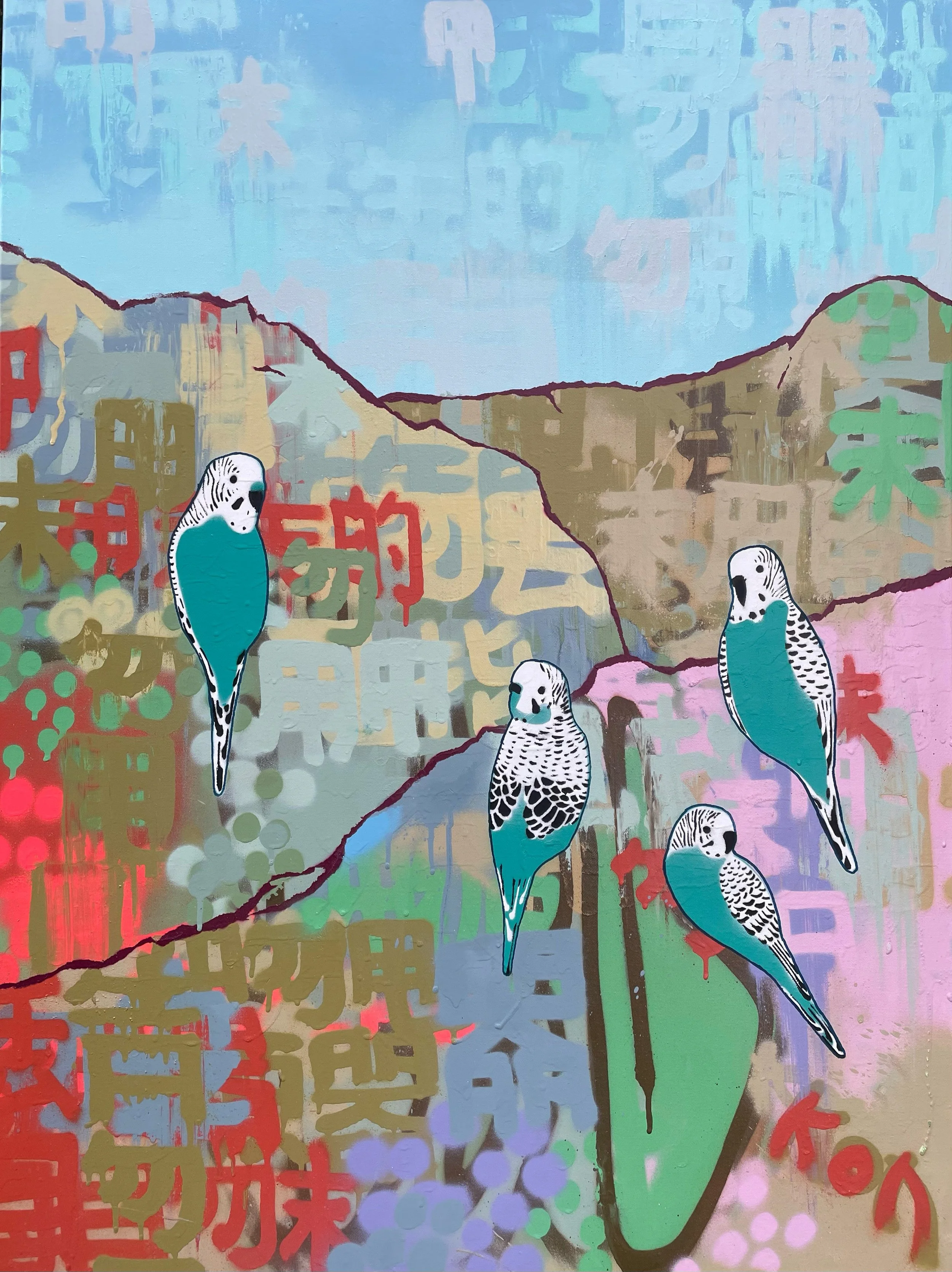Four Jade And White Budgies In The Bush