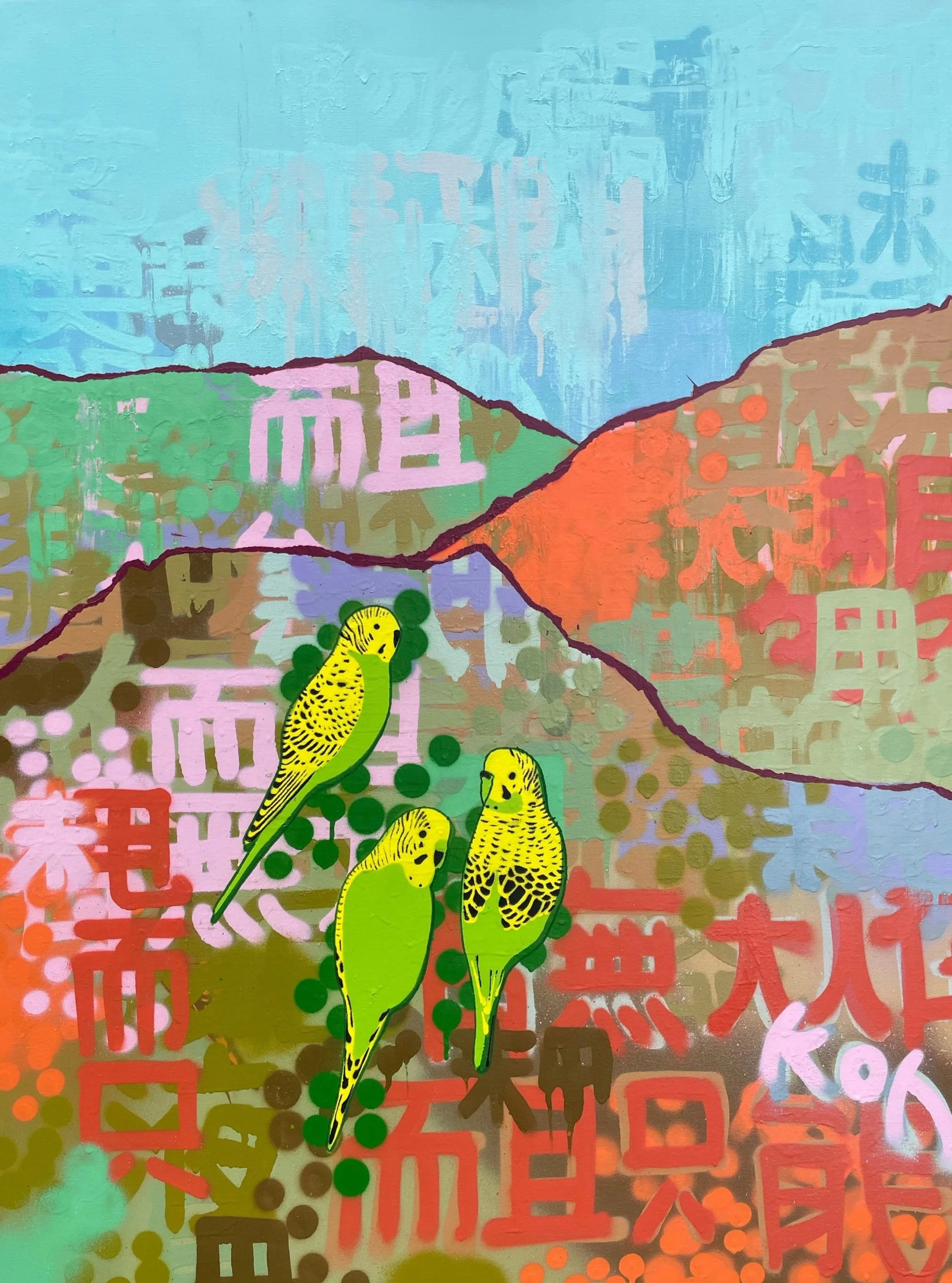Three Green And Gold Budgies In The Bush