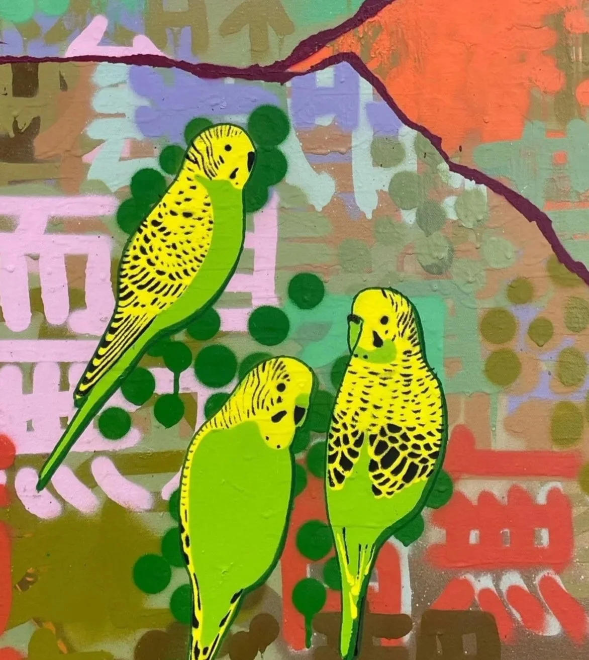 Three%2BGreen%2BAnd%2BGold%2BBudgies%2BIn%2BThe%2BBush.jpg