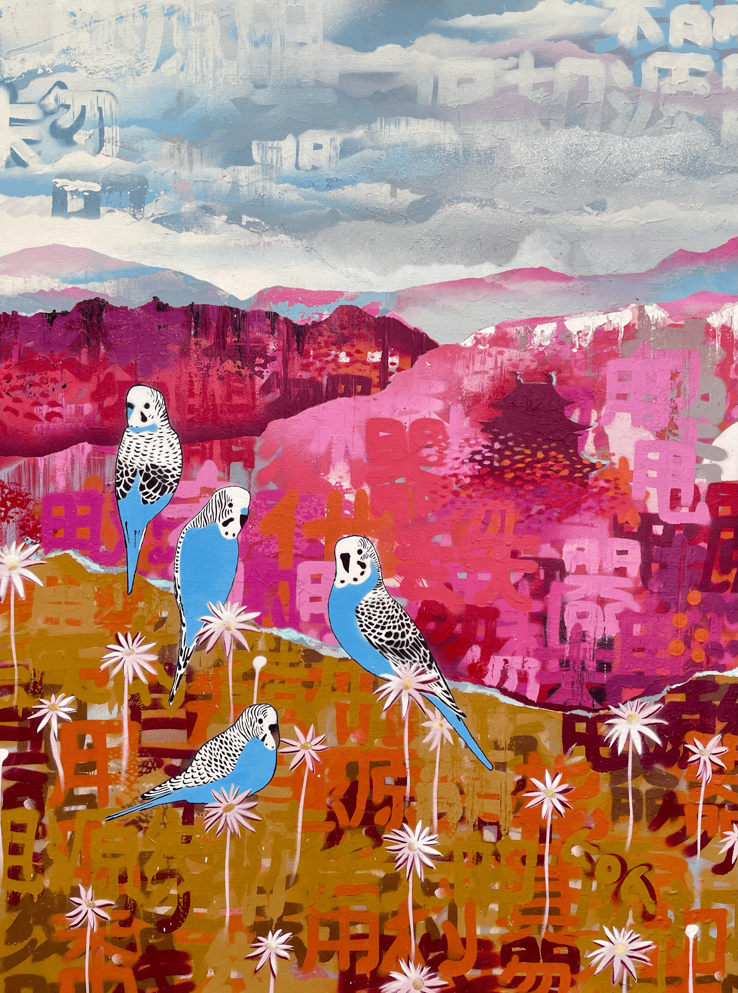 Four Blue And White Budgies In Japan