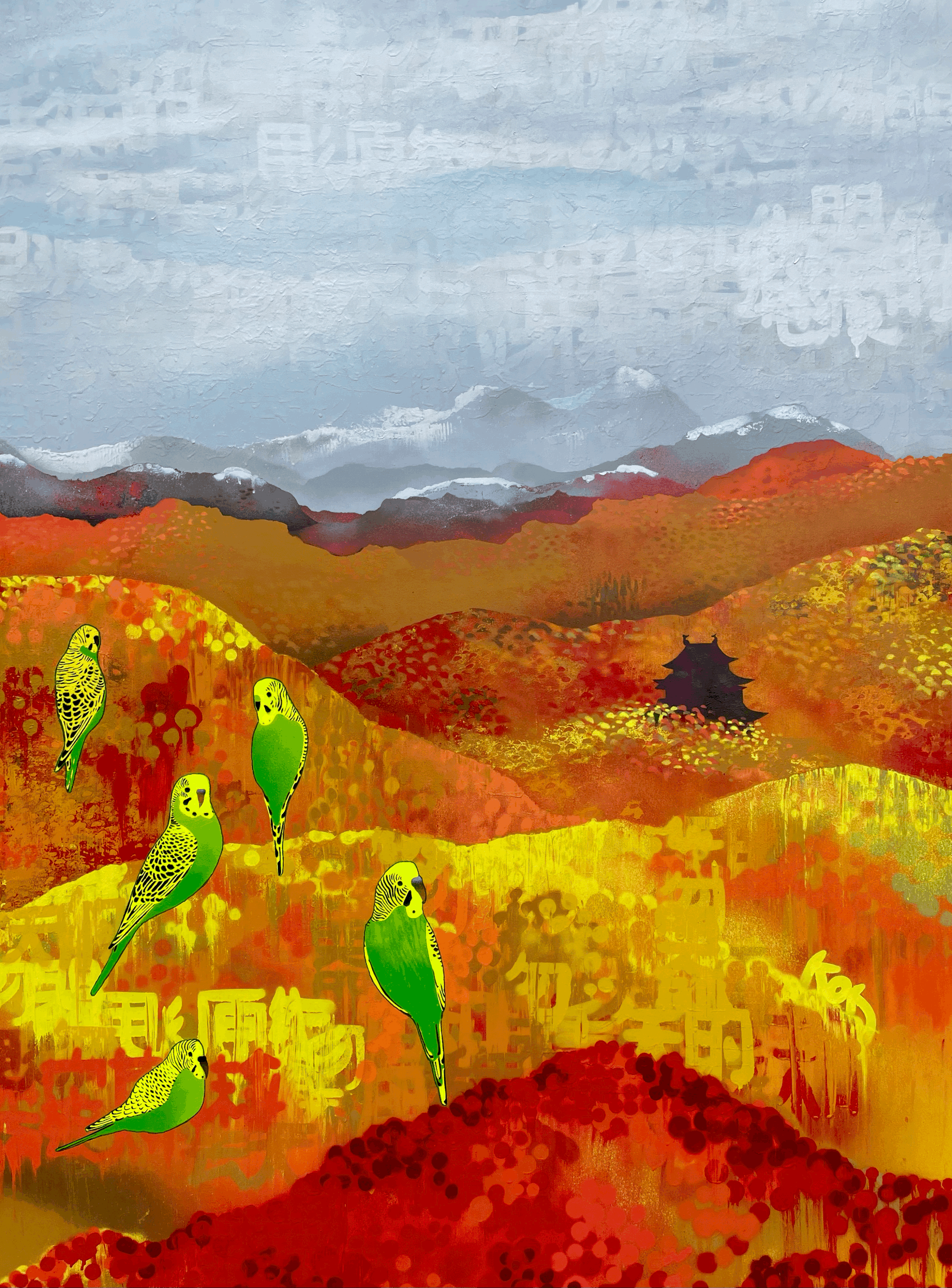 Five Green And Gold Budgies In Japan