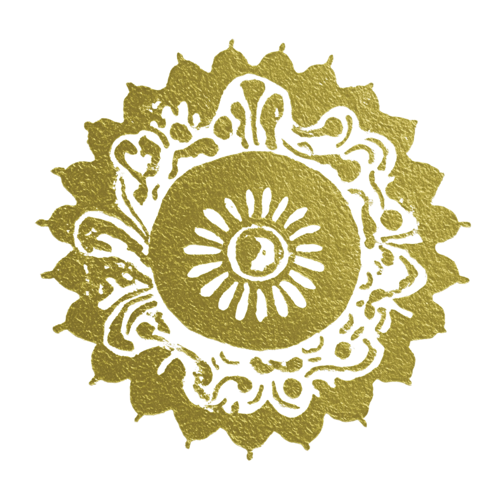 Gold floral design with a central circular element and intricate patterns radiating outward.