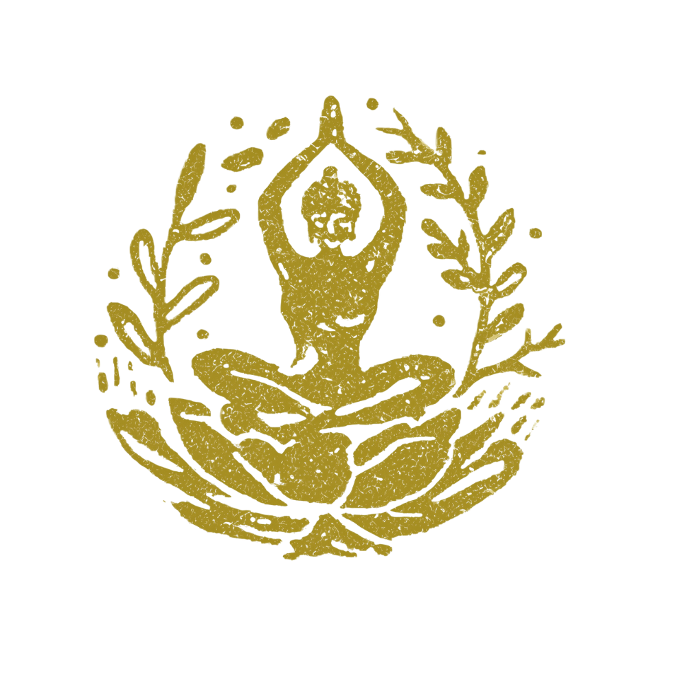 A gold illustration of a person practicing yoga in a seated meditation pose, with hands raised above the head, surrounded by a laurel wreath design.