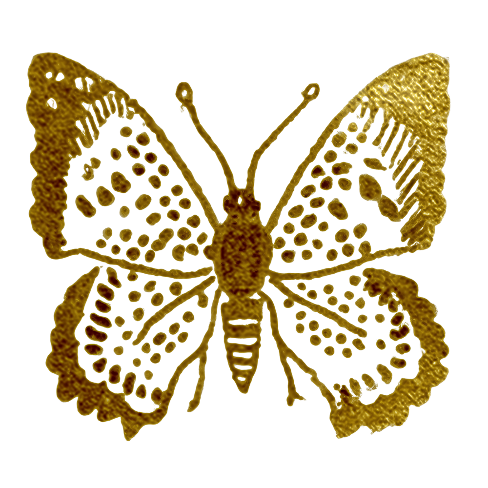 A stylized, computer-generated depiction of a butterfly in gold color with textured wings and dotted details.