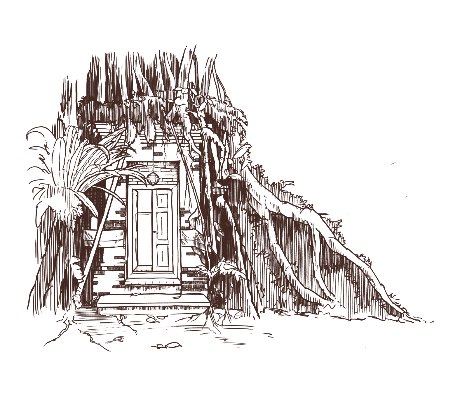 A line drawing of a house built into a grassy mountain hillside, with plants and trees in front of it.