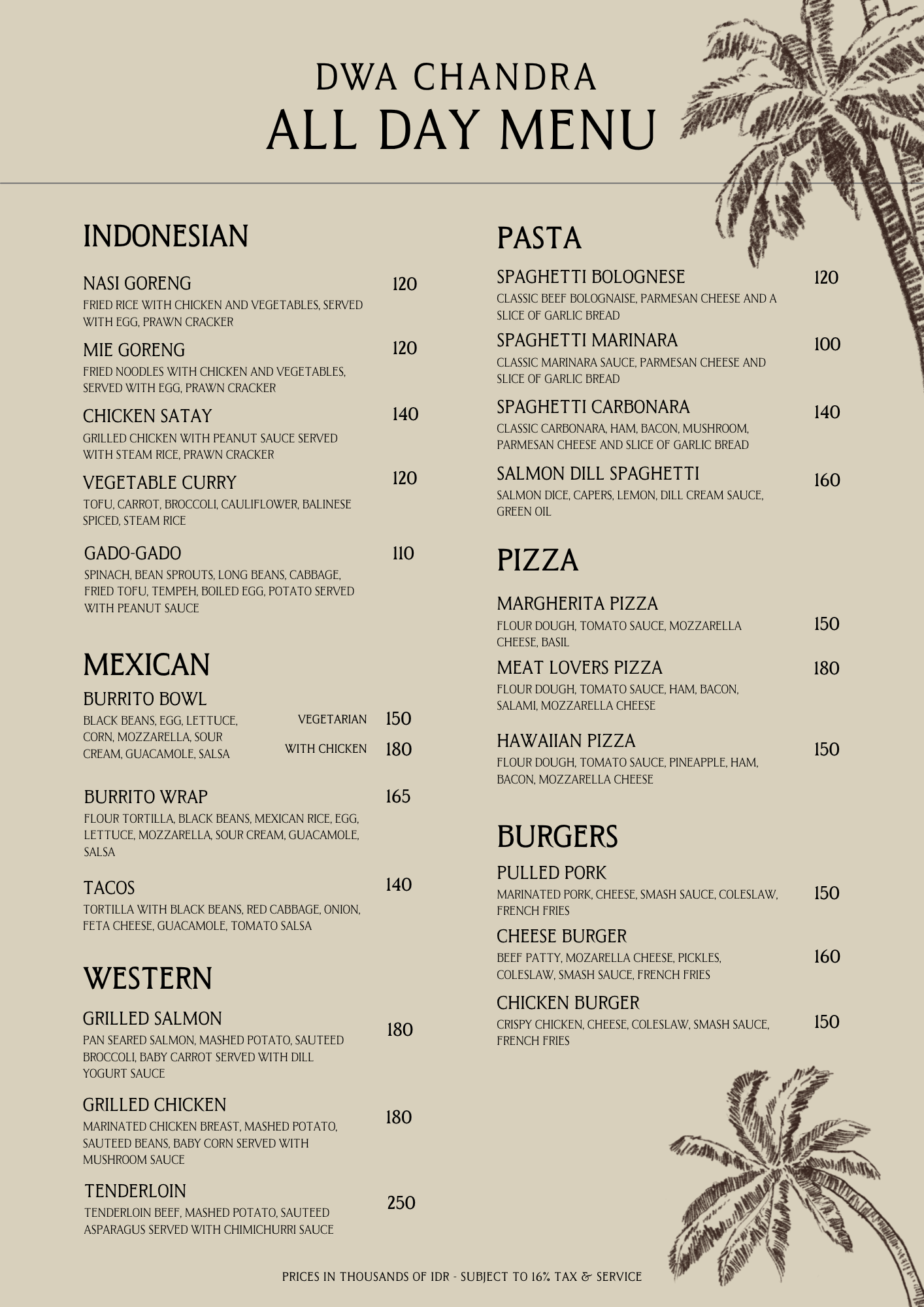 Menu titled 'Dwa Chandra All Day Menu' with sections for Indonesian, Mexican, Western, Pasta, Pizza, and Burgers, featuring items like nasi goreng, spaghetti bolognese, margarita pizza, grilled salmon, and cheeseburgers, with a decorative palm tree i