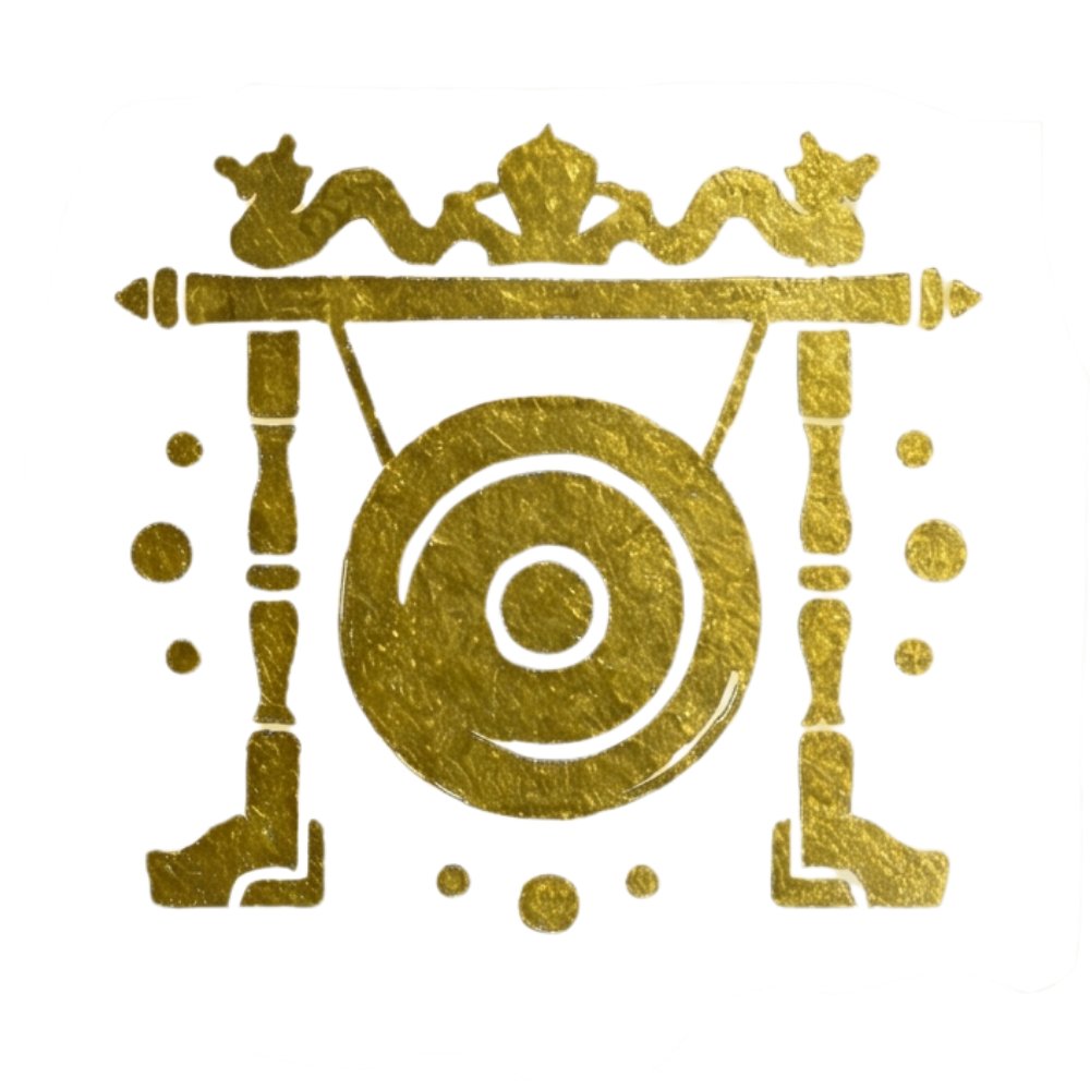 Gold-colored symbol resembling a camera with a flower at the top and decorative elements around it.