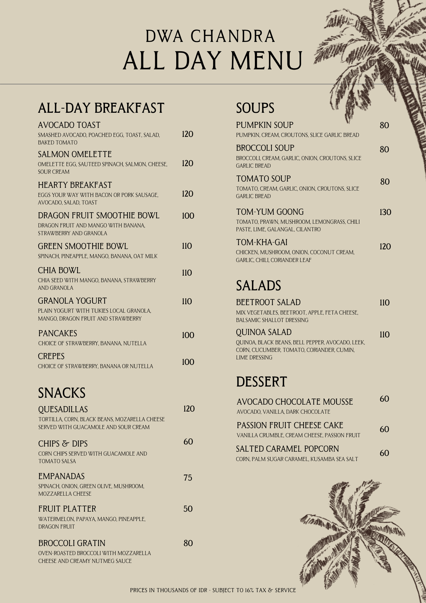 Restaurant menu titled 'Dwa Chandra All Day Menu' with sections for breakfast, soups, salads, snacks, and desserts, decorated with palm tree illustrations.