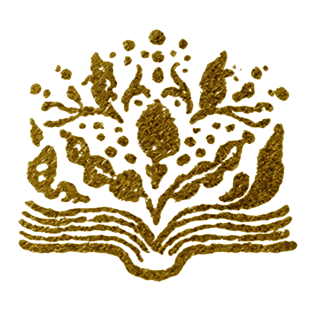 Gold-colored embossed emblem of an open book with a tree growing from it, symbolizing knowledge or education.