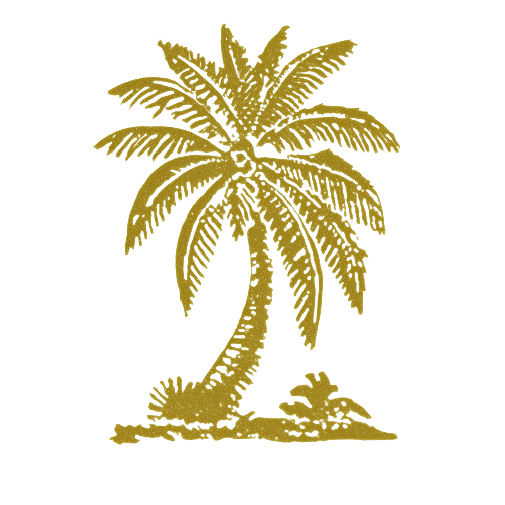 Gold outline of a palm tree on a black background.