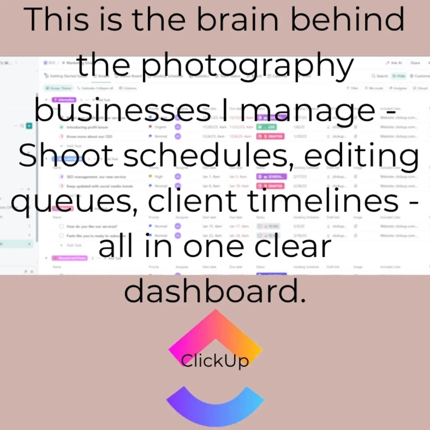 Shoot schedules, editing queues, client timelines - all in one clear dashboard.

💻 Want this kind of organization in your studio? Let&rsquo;s talk.
DM SYSTEMS to learn more. 
#ClickUpForPhotographers
#PhotographyWorkflow
#PhotographerTools
#Photogra