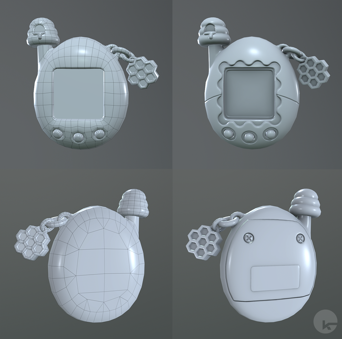 Low poly model with and without baked normals and AO applied.