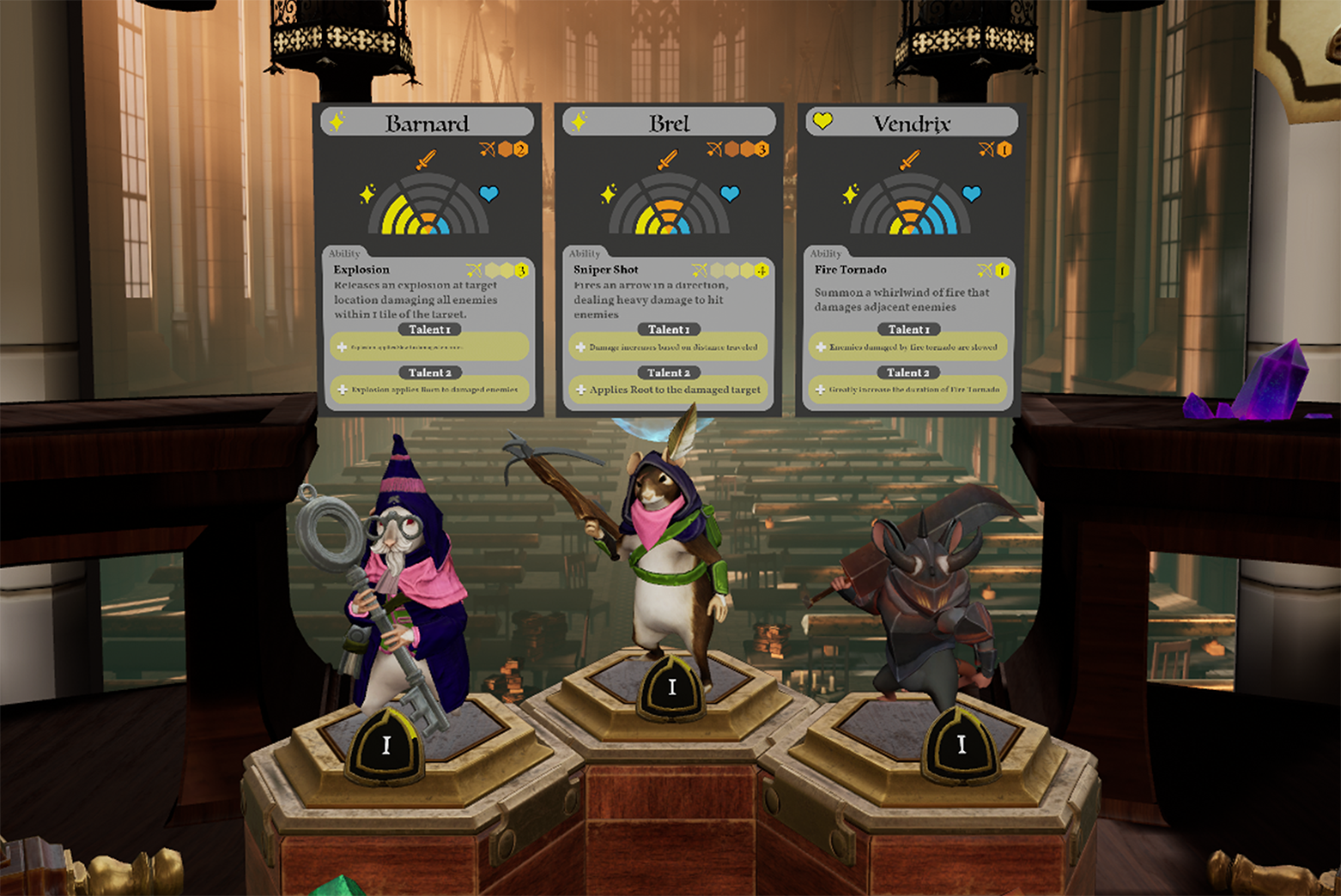 An interim design for the champion cards. The color palette here was placeholder, and the main foci in this stage were layout, how much we could communicate through iconography, and hierarchy of information.