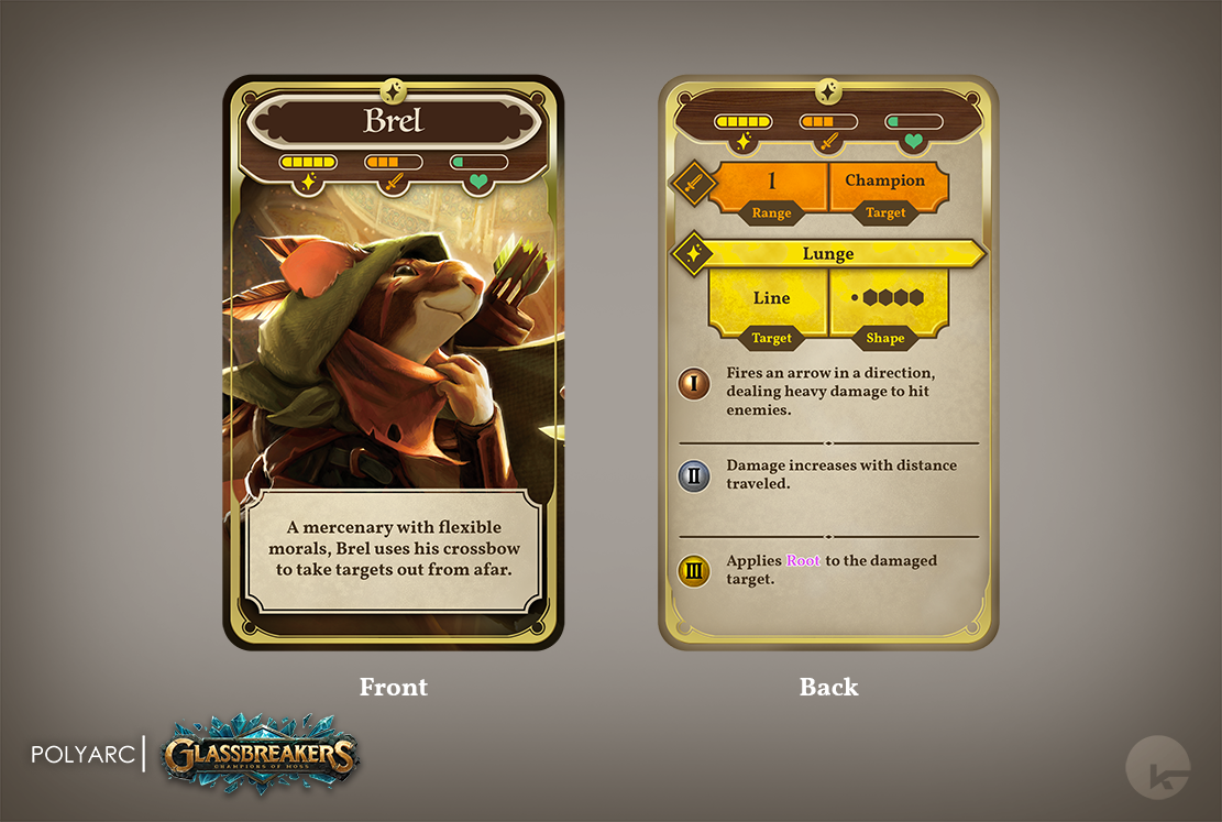 The final design for the champion cards that shipped with the game. The front side was visible by default, floating above the champion. When a champion was picked up and held, the card would change to the back design so you could bring the champion c