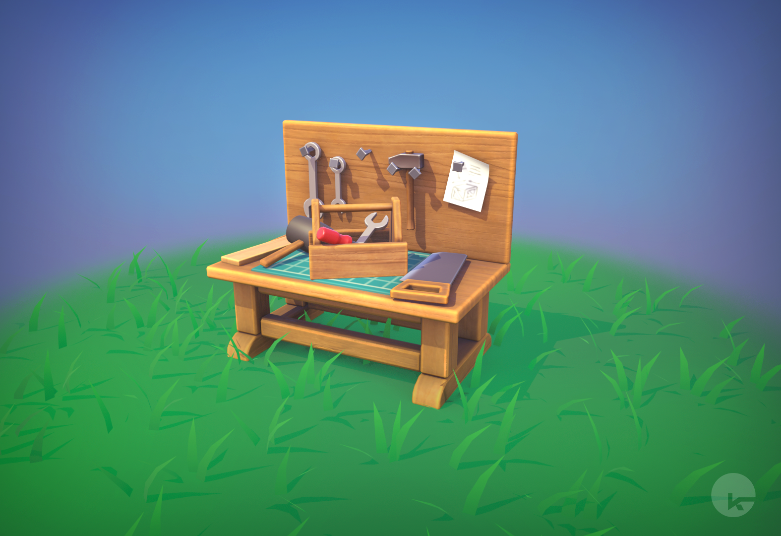 The crafting bench model with final textures/materials. Rendered in Marmoset Toolbag.
