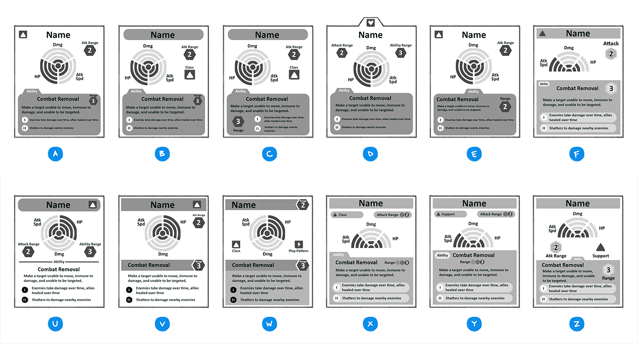 The cards went through a lot of iterations. Designs with the most promise were brought into game and tested, then further iterated upon based on playtest feedback.