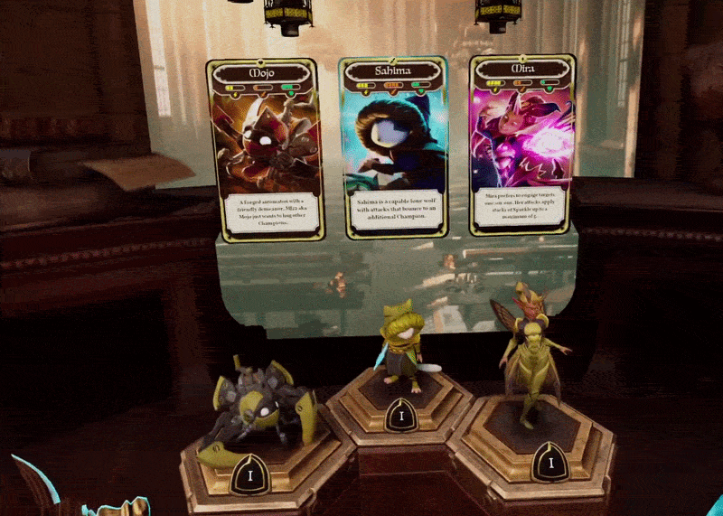 A demonstration of the two-sided cards. When champions were picked up, the billboard displaying the card would switch to the "back" of the card showing information about the character's stats and abilities.