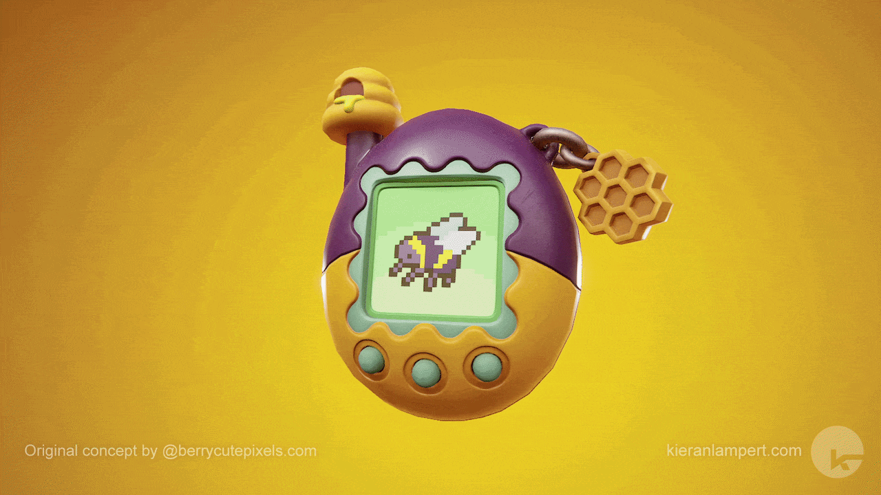 A render of a model of a bee-themed Tamagotchi, shown in Unreal Engine 5.