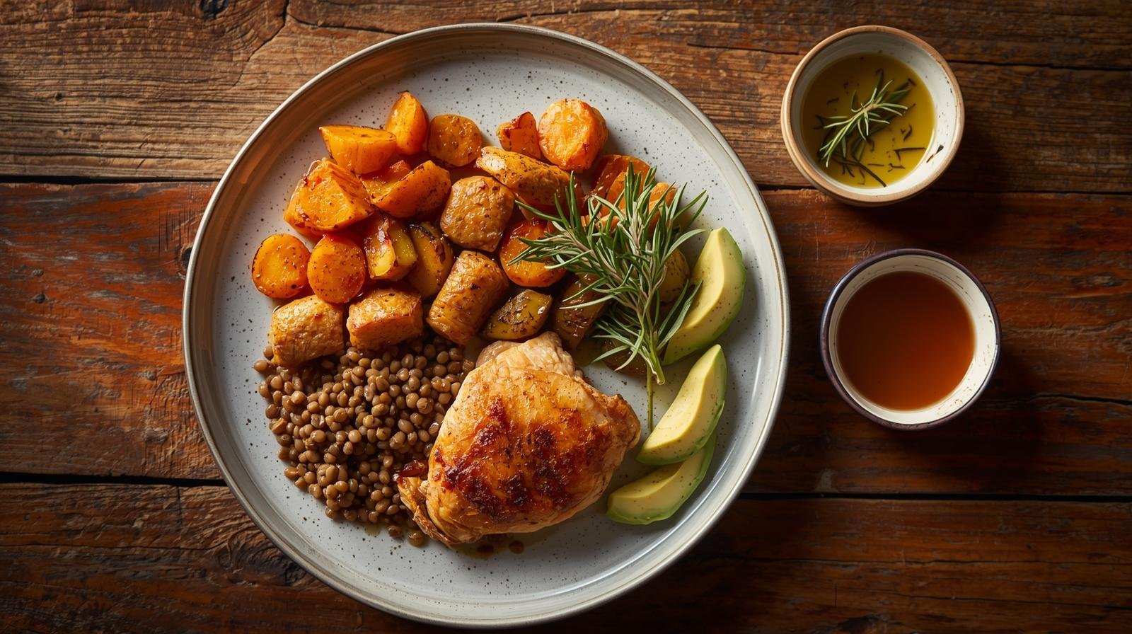 A balanced plate with roasted chicken, lentils, sweet potato, avocado and olive oil to support metabolic health and blood sugar balance in midlife