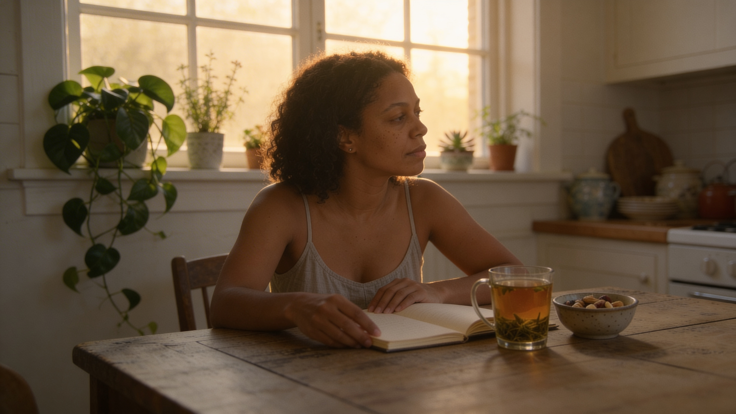 A midlife woman with a calm morning routine supporting blood sugar balance, steady energy and mood in menopause