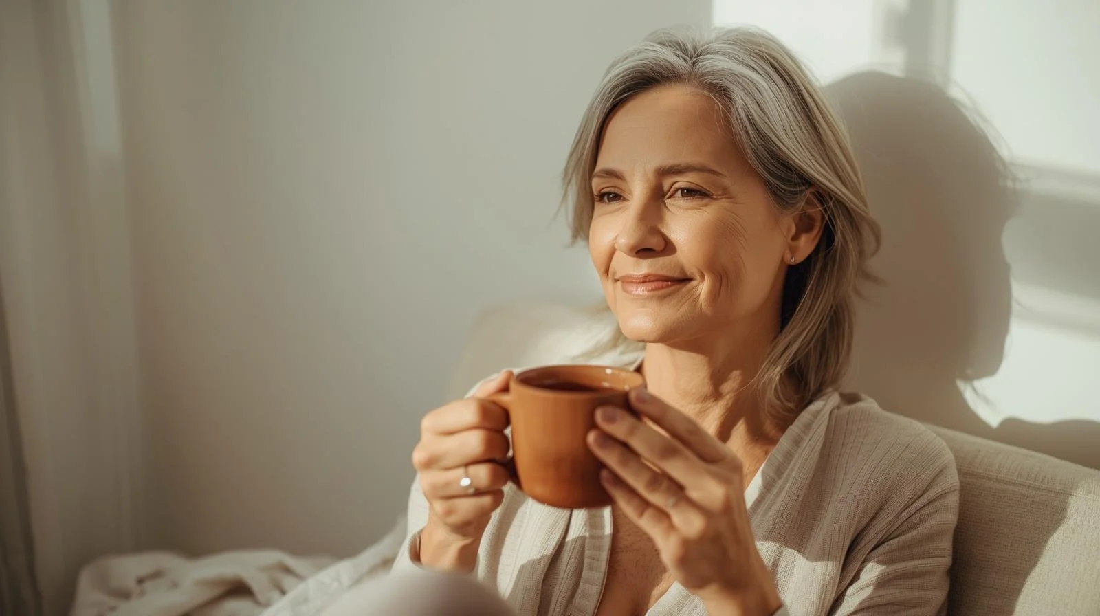A calm midlife woman holding herbal tea representing the connection between gut health, hormones, skin and mood