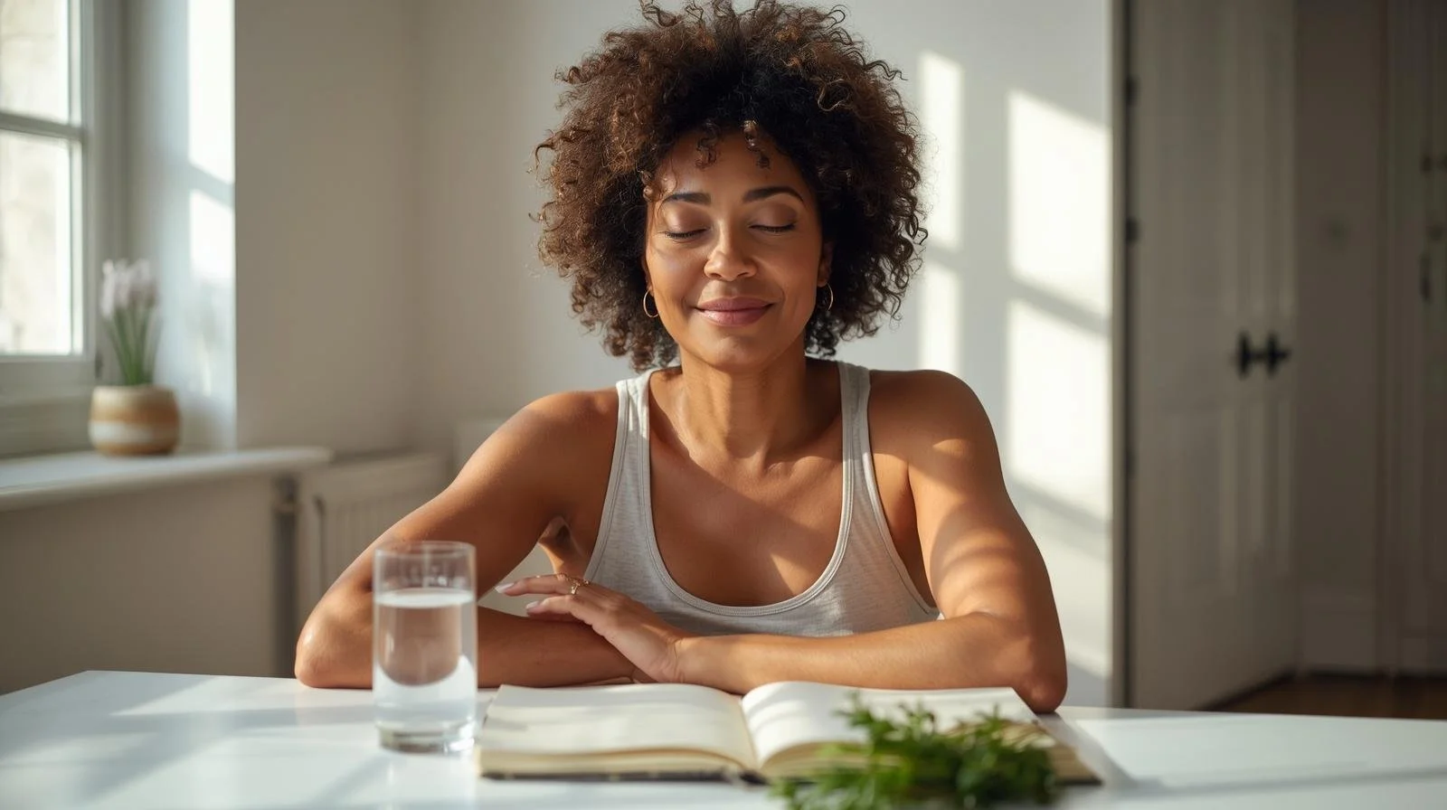 A midlife woman sitting calmly at a kitchen table with a journal, representing a thoughtful and strategic approach to health and metabolic resilience