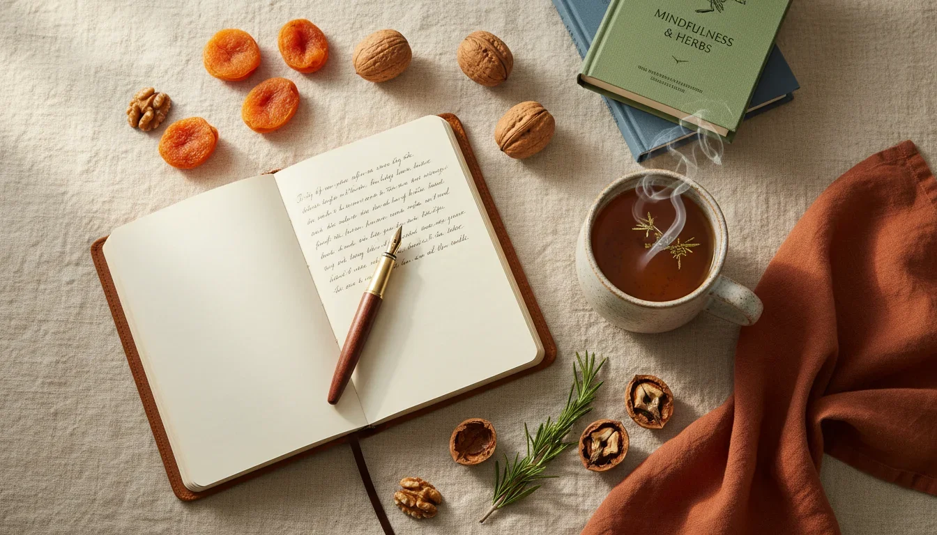 An open journal with herbal tea, walnuts, dried fruits and wellness books representing practical health education and resources for women