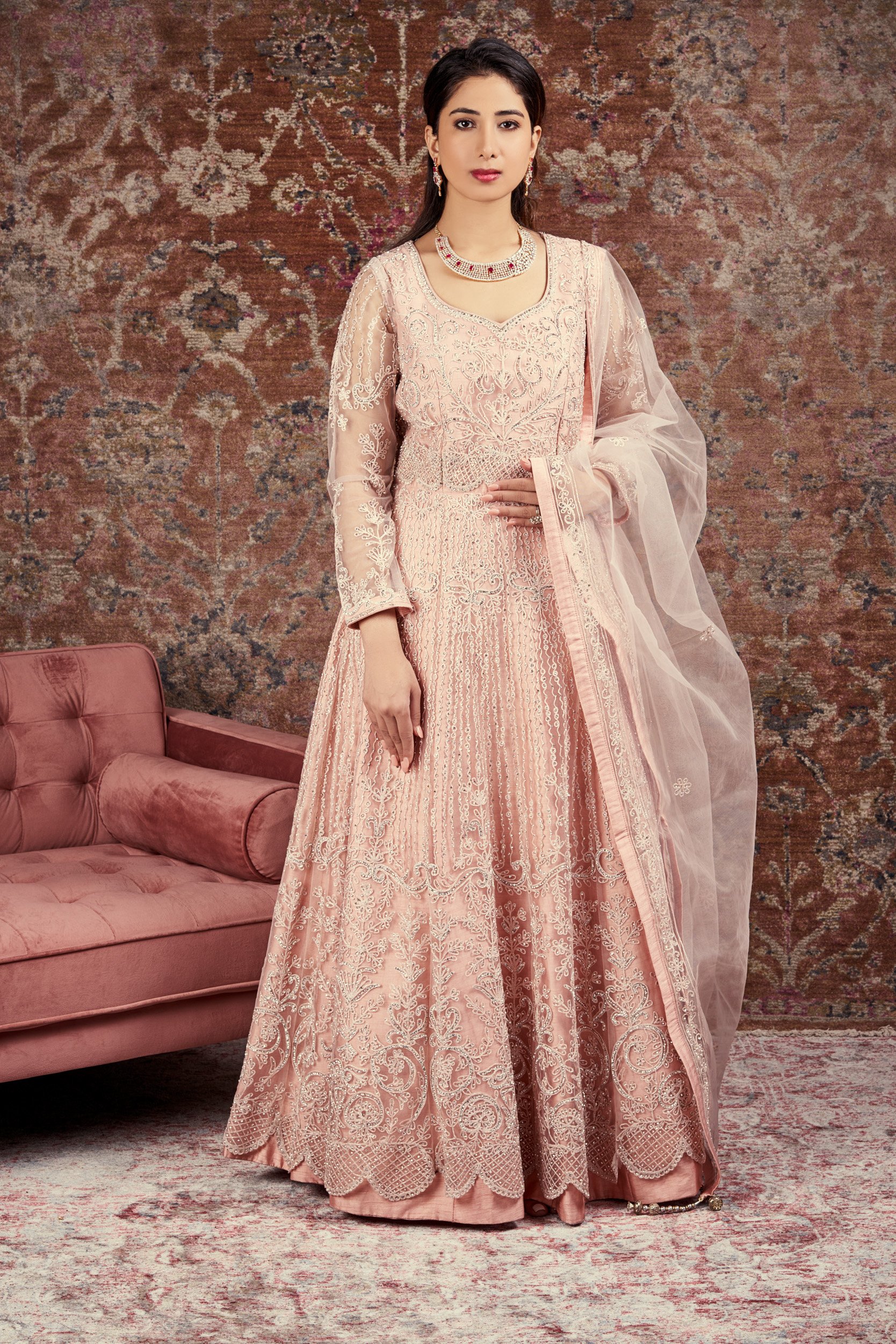 Gown in Coral Peach Embroidered Fabric LSTV122127