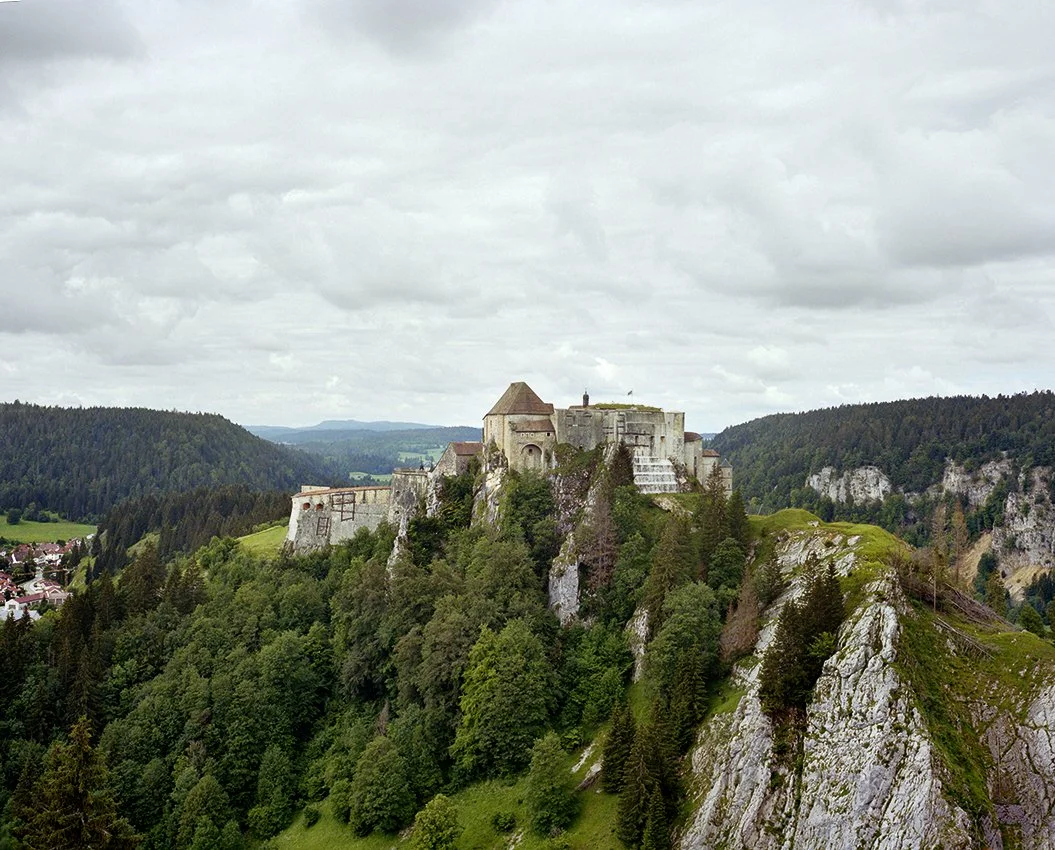 Medieval castle perched on a rocky hill surrounded by dense forest, with a cloudy sky in the background.