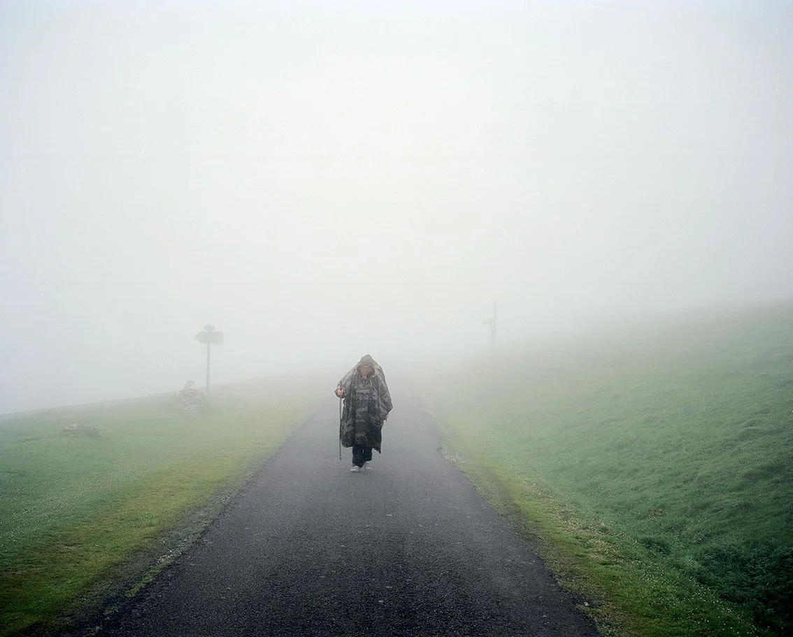 A person is walking alone on a paved path surrounded by green grass, in a thick fog that limits visibility.