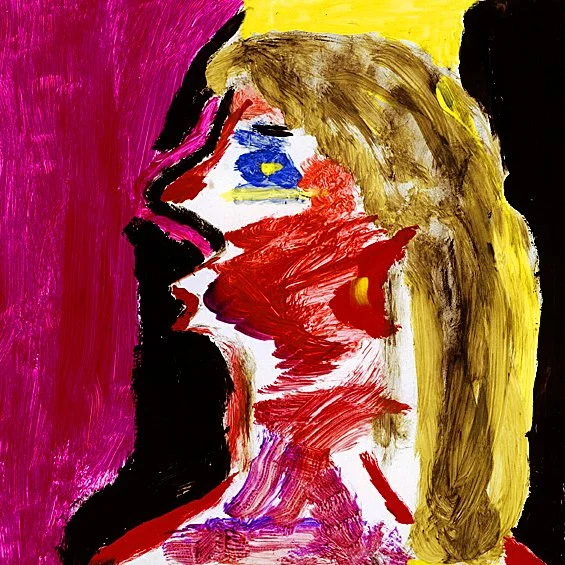 Peinture abstraite représentant une silhouette de profil d'une femme avec des couleurs vives et des traits expressifs.