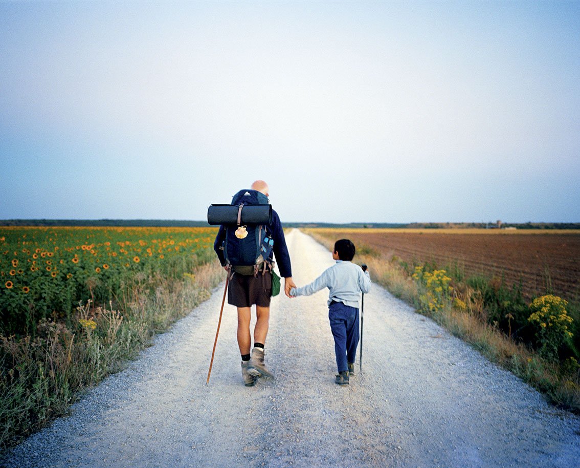 Two people, an adult and a child, walking hand in hand along a country lane surrounded by fields in bloom, in a rural landscape at sunset.