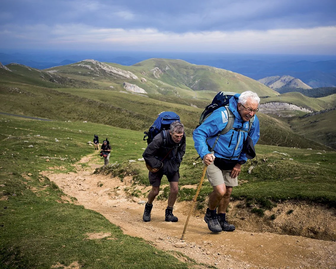 Group of elderly hikers walking on a mountain trail with green hills and a cloudy sky in the background.