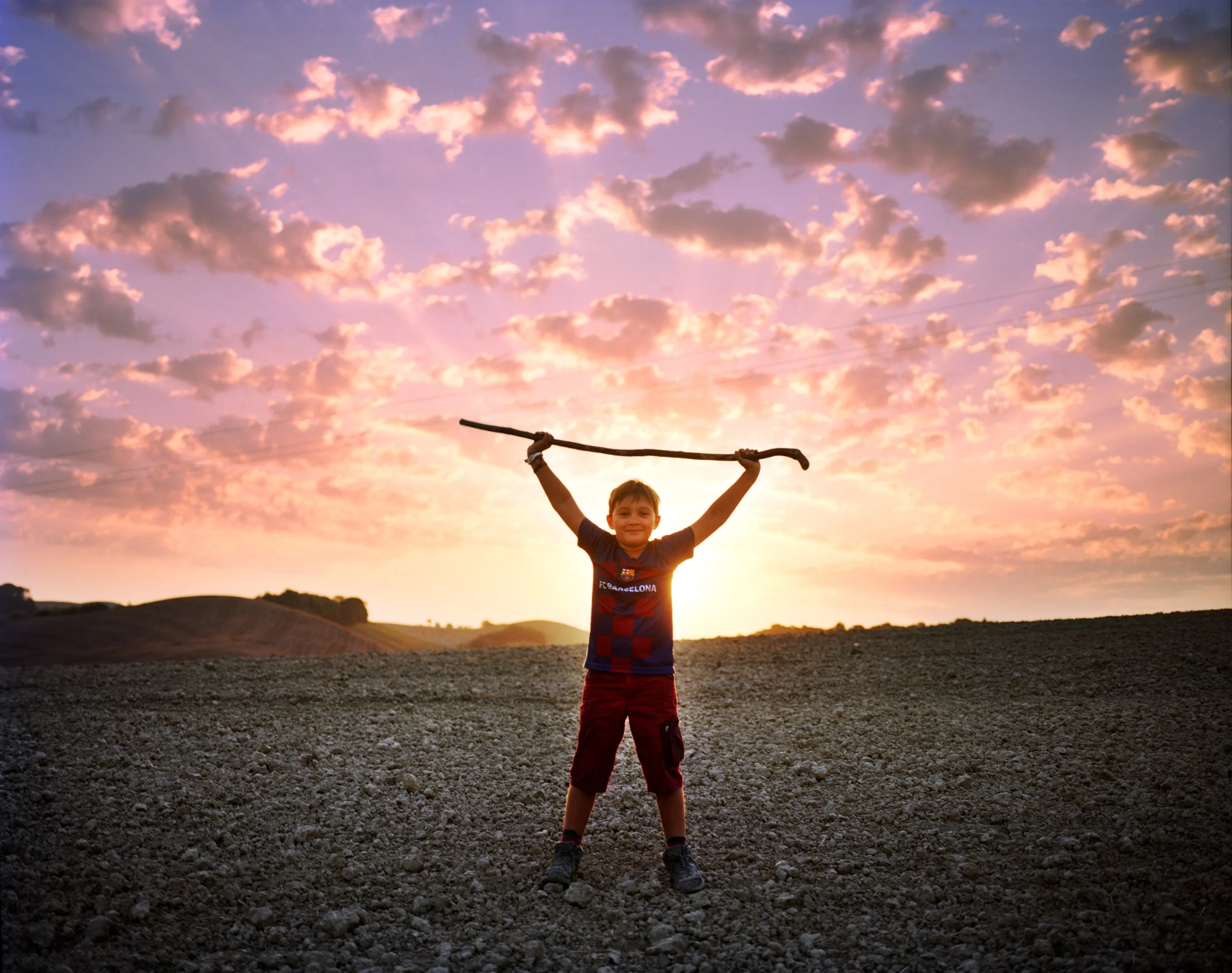 A smiling boy holding a branch at sunset in a rural landscape with a colorful sky.