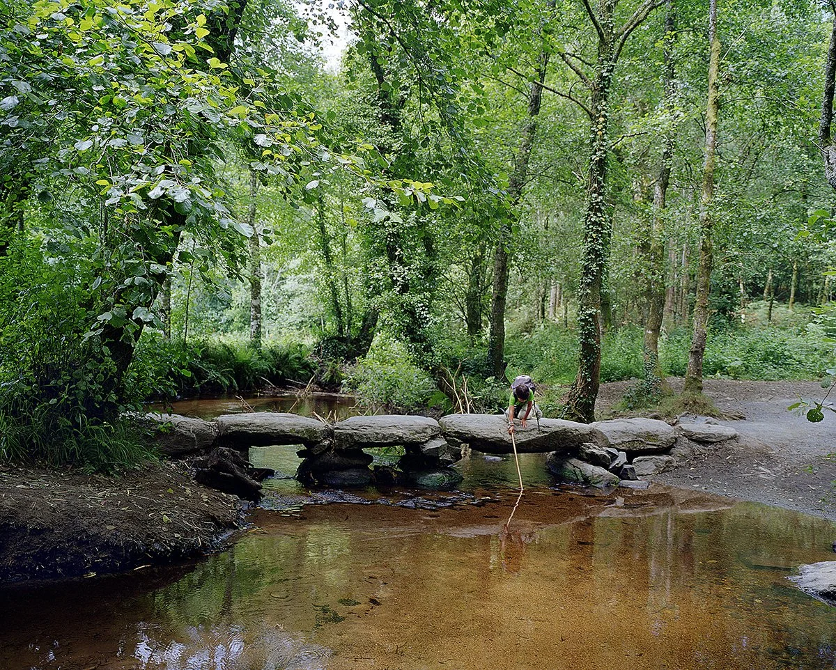 A person crosses a stream on a small stone bridge in a dense forest.